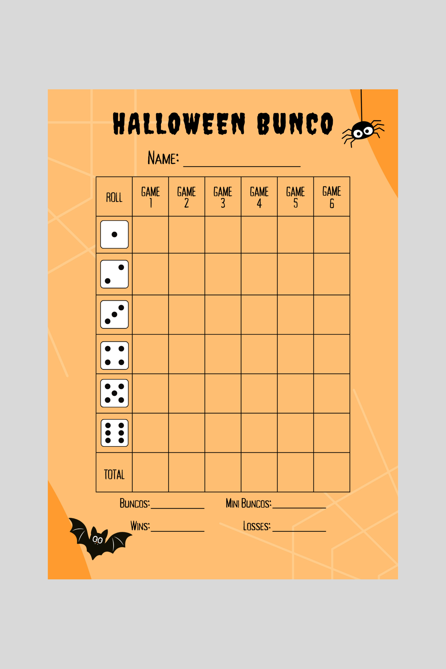 Halloween Bunco Score Sheet Two