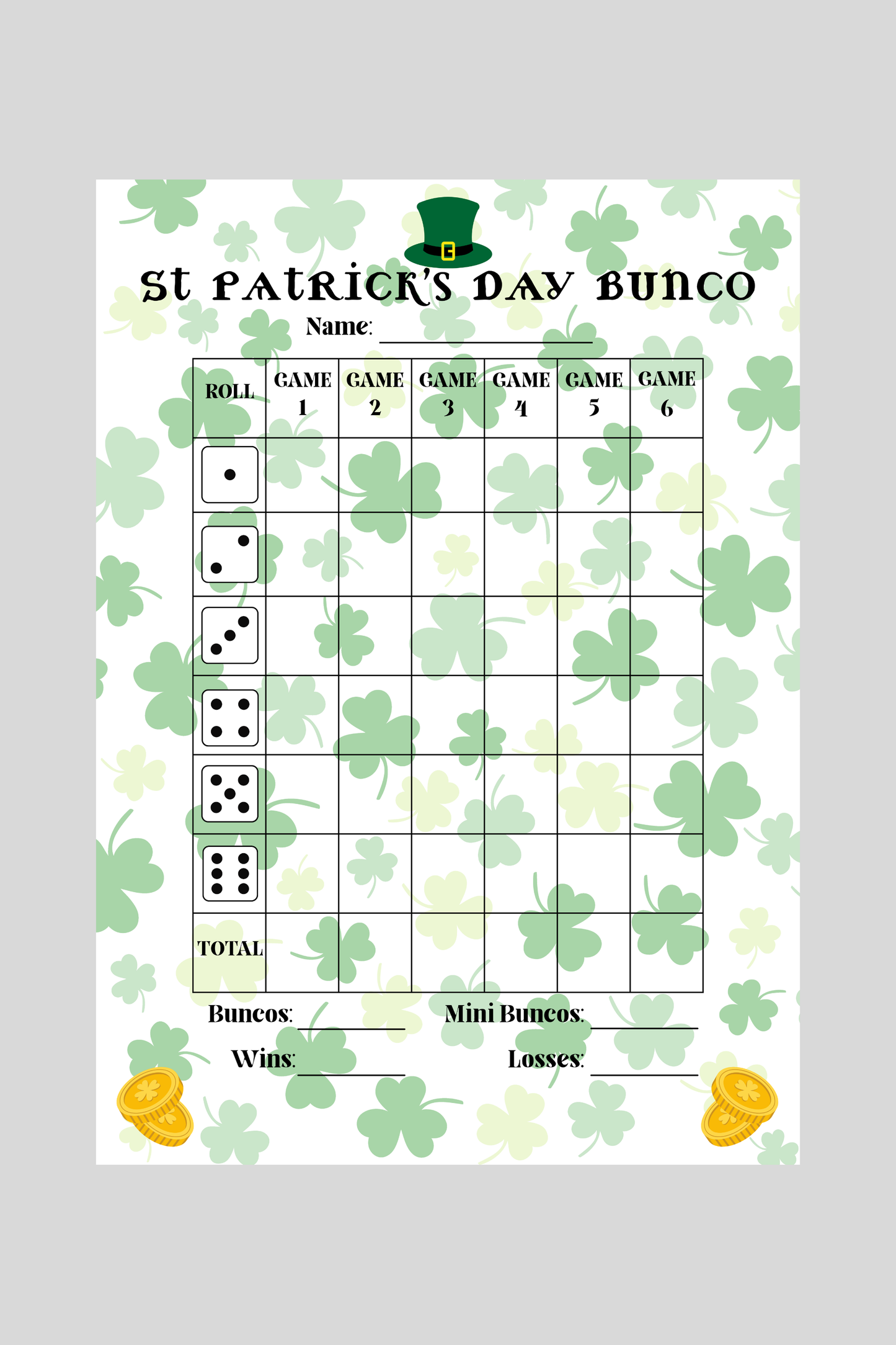 St. Patrick's Day Bunco Score Sheet Two