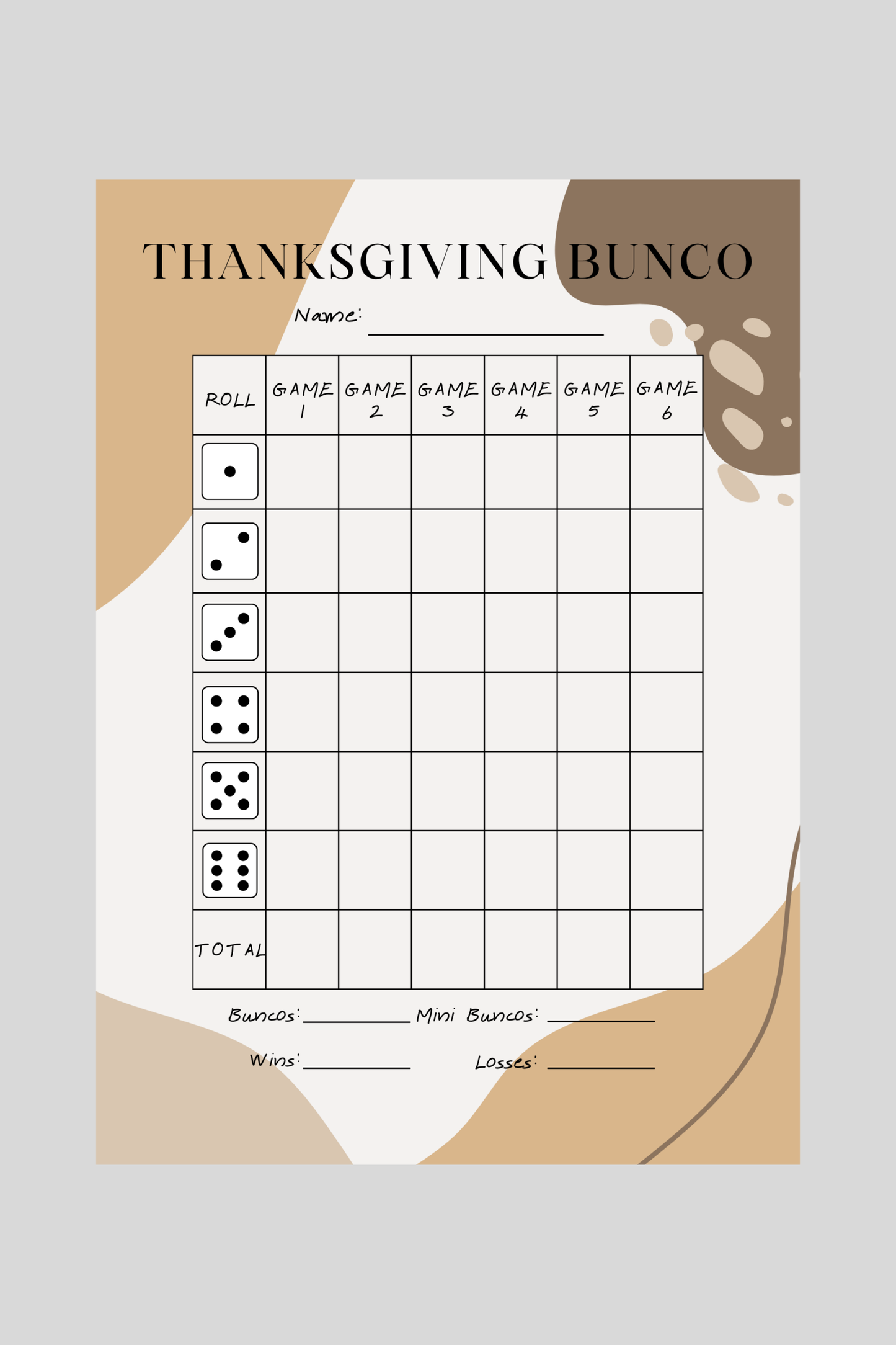 Thanksgiving Bunco Score Sheet
