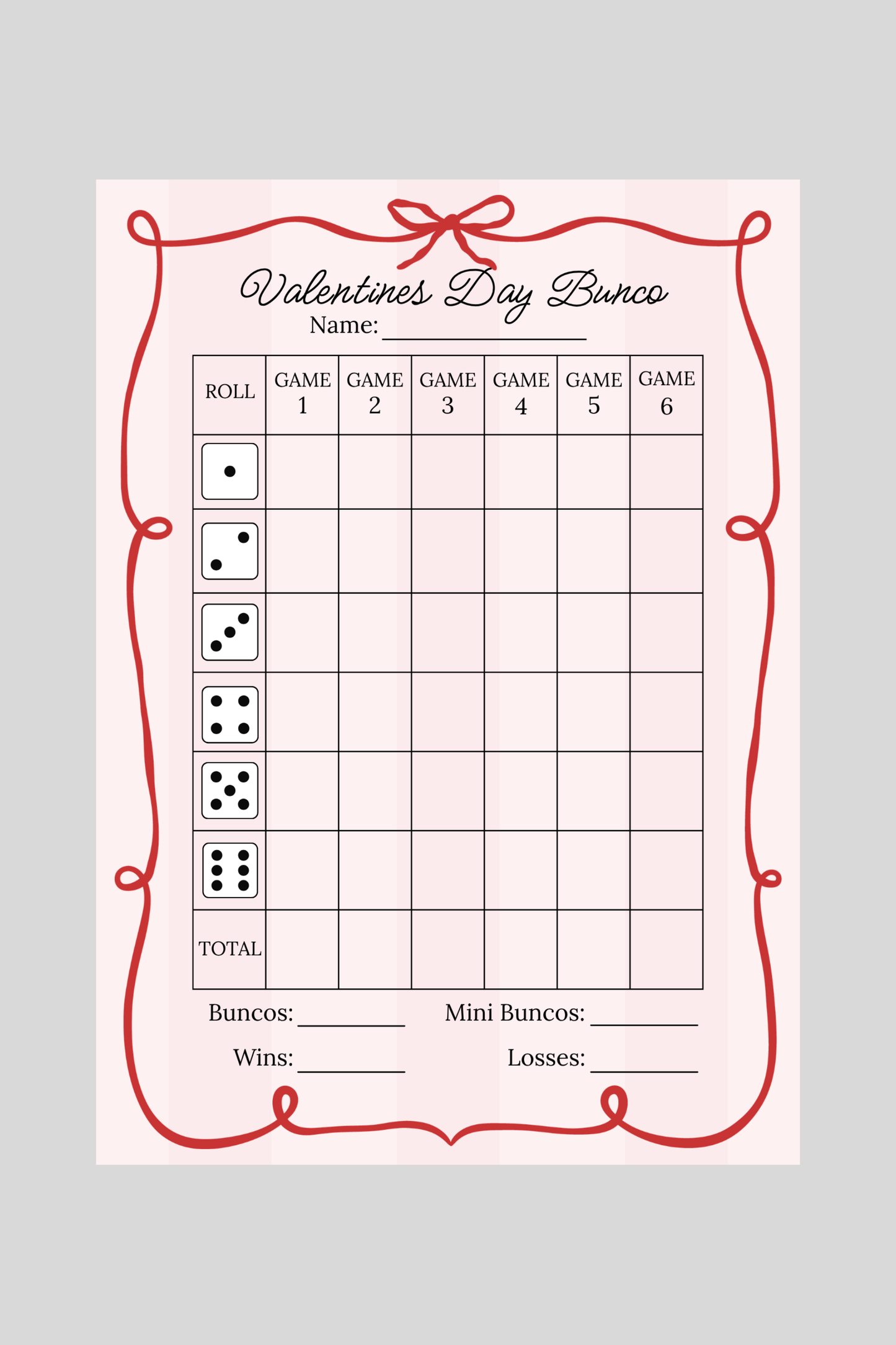 Valentine's Day Bunco Score Sheet